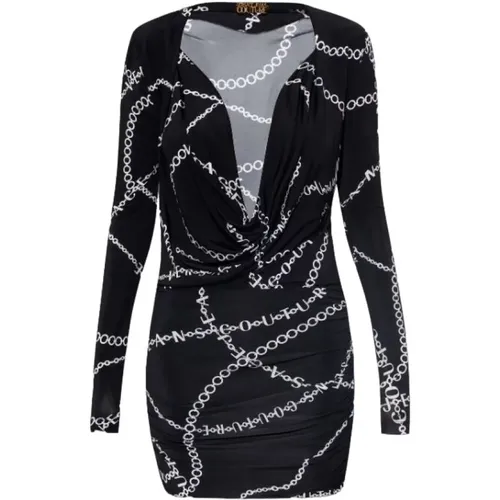 Schwarzes Kleid mit Kettenmuster und tiefem Ausschnitt - Versace Jeans Couture - Modalova