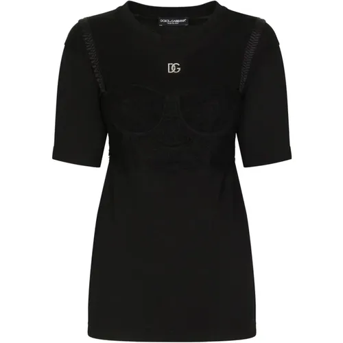 T-Shirt with Bra Details and Short Sleeves , female, Sizes: XS - Dolce & Gabbana - Modalova