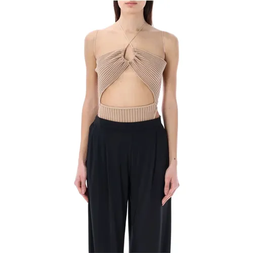 Ribbed Knit Sleeveless Bodysuit with Cut , female, Sizes: S - Andrea Adamo - Modalova