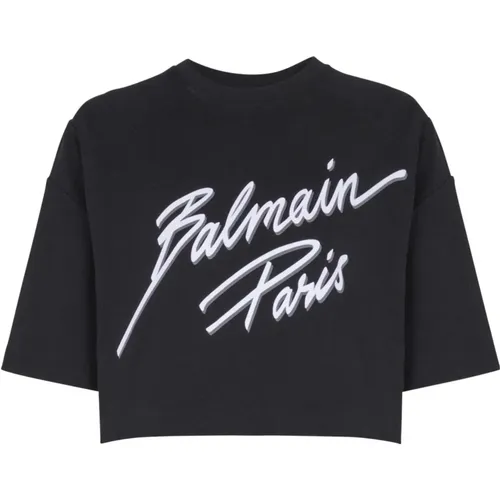 Kurzes T-Shirt mit beflocktem Lettre-Motiv , Damen, Größe: S - Balmain - Modalova