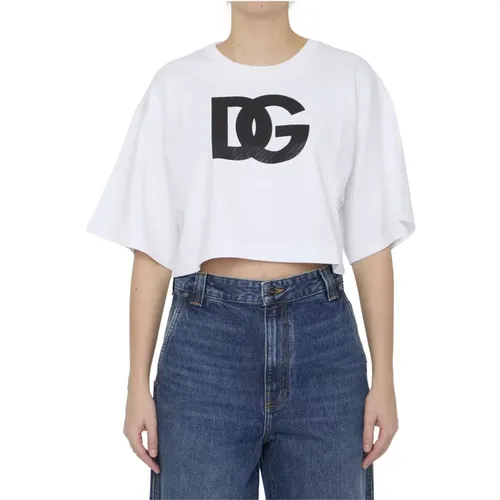 Weiße Kurzärmelige Crop T-Shirt mit DG Logo,Logo Print Cropped T-Shirt - Dolce & Gabbana - Modalova
