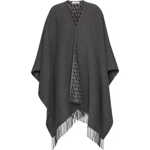 Grey Iconograhe Wool Silk Blend Poncho , female, Sizes: ONE SIZE - Valentino - Modalova