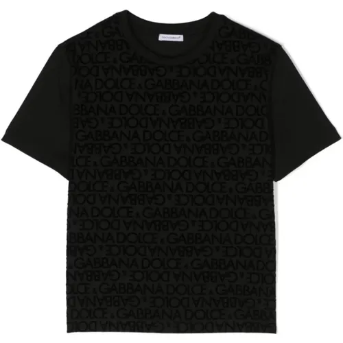 Kinder Schwarze T-Shirts und Polos mit Samt-Logo - Dolce & Gabbana - Modalova