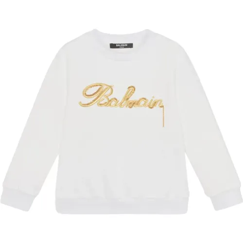 Weißer Pullover mit Gold-Logo - Balmain - Modalova