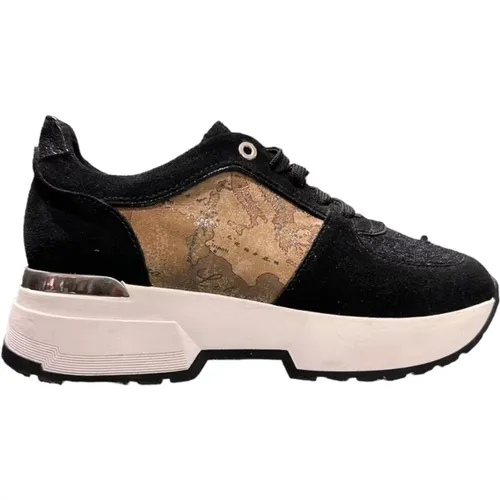 Black suede sneakers with Geo Classic print inserts , female, Sizes: 5 UK, 3 UK, 2 UK - Alviero Martini 1a Classe - Modalova