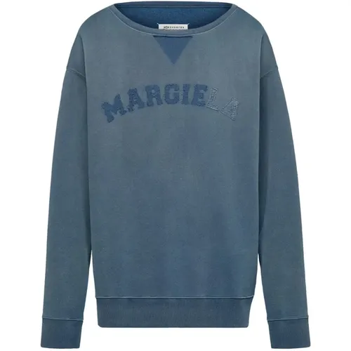 Blauer Baumwollpullover mit Besticktem Logo , Damen, Größe: M - Maison Margiela - Modalova