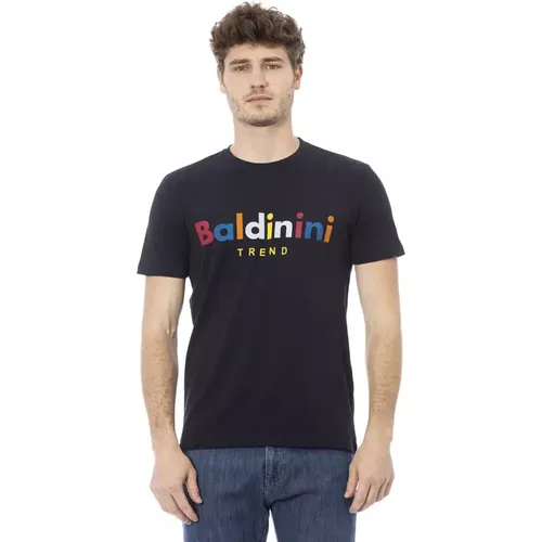 Trend Blaues Baumwoll-T-Shirt, Kurzarm, Frontdruck , Herren, Größe: S - Baldinini - Modalova