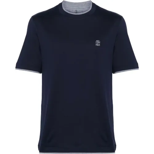 T-Shirts und Polos - Girocollo M/L,Blaues Baumwoll-T-Shirt für Männer - BRUNELLO CUCINELLI - Modalova