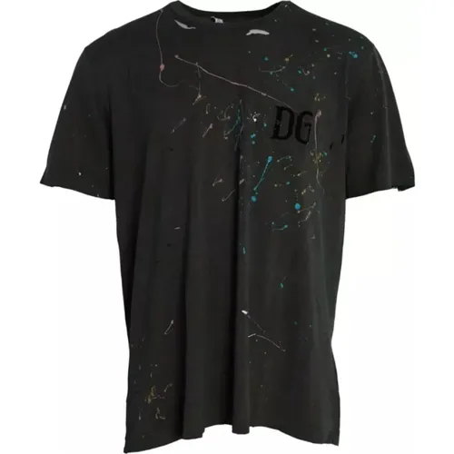 Grey Cotton T-Shirt with Color Splashes , male, Sizes: 3XL - Dolce & Gabbana - Modalova