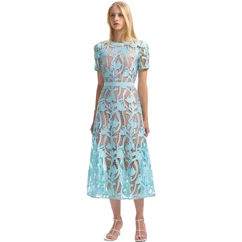 Midi Kleid mit Blauer Ausschnitt-Spitze und Gürteldetail , Damen, Größe: 2XS - Self Portrait - Modalova