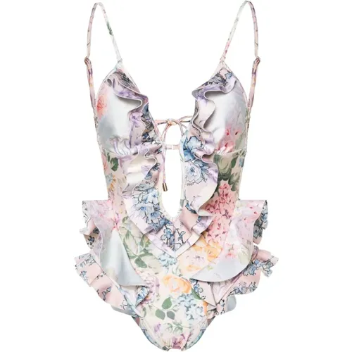 Floral Print Ruffled Plunge Swimsuit , female, Sizes: M, XS, L - Zimmermann - Modalova