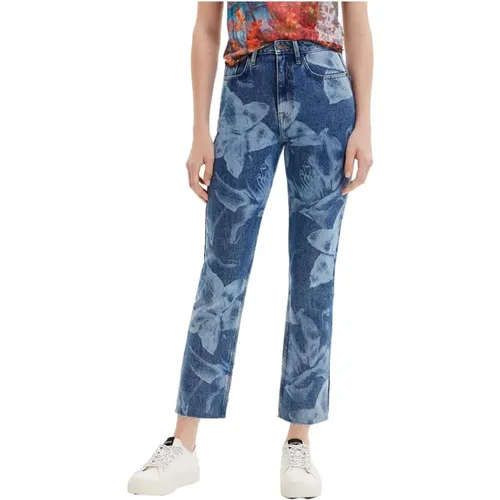 Blaue Blumen Jeans mit Reißverschluss , Damen, Größe: XL - Desigual - Modalova