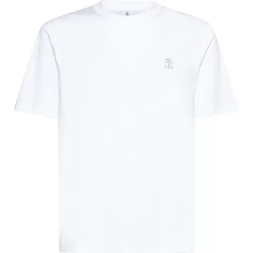 Weiße Baumwoll-Crew-Neck-Logo-T-Shirt , Herren, Größe: M - BRUNELLO CUCINELLI - Modalova