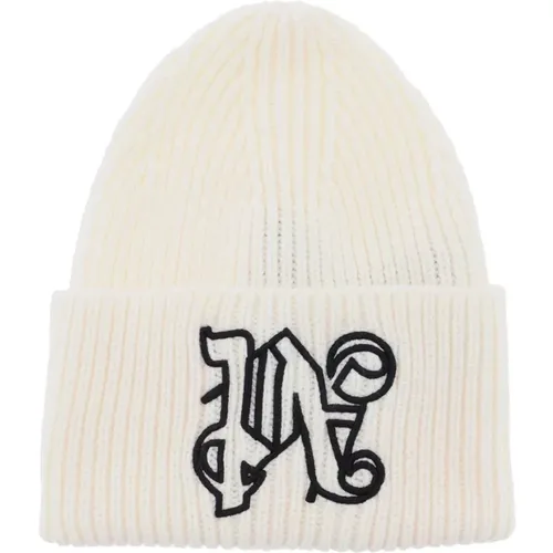 Monogram Beanie in Ribbed Wool-Blend Knit , male, Sizes: ONE SIZE - Palm Angels - Modalova