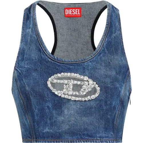 Blauer ärmelloser Top mit Kristalllogo , Damen, Größe: S - Diesel - Modalova