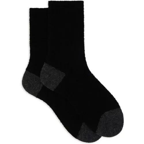 Kurze einfarbige schwarze Bouclé-Wollsocken für Damen mit kontrastierenden Details. , Damen, Größe: S - Gallo - Modalova