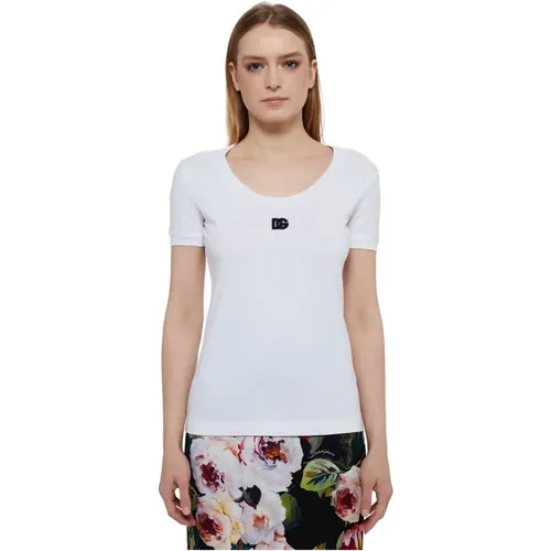 Weiße Baumwoll-T-Shirt mit Logo , Damen, Größe: XS - Dolce & Gabbana - Modalova