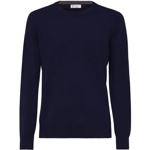 Kaschmir Navy Pullover Gerippter Saum - BRUNELLO CUCINELLI - Modalova