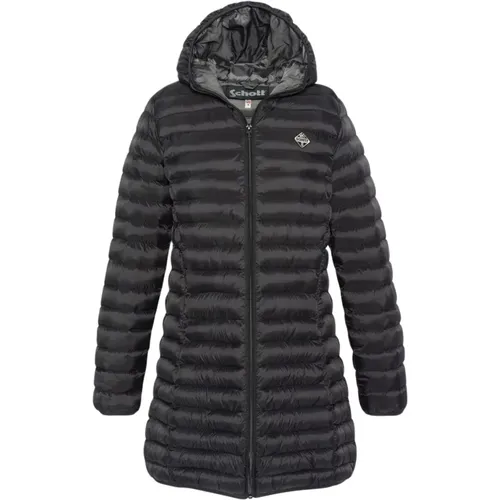 Lange Daunenjacke mit Kapuze - Schwarz , Damen, Größe: M - Schott NYC - Modalova