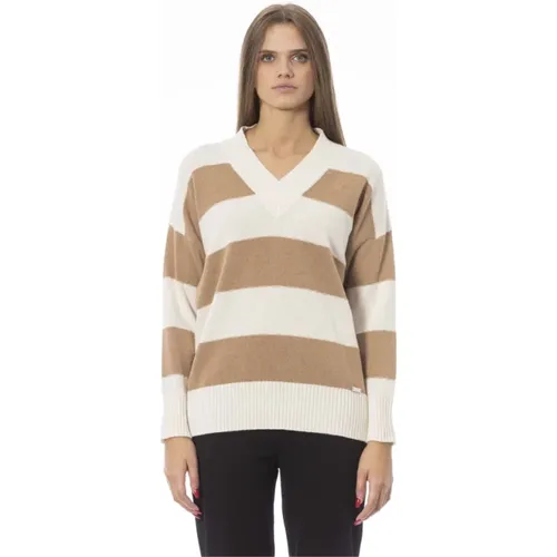 Eleganter V-Ausschnitt-Pullover in Beige , Damen, Größe: S - Baldinini - Modalova