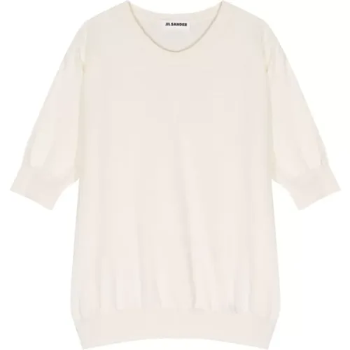 Weißes T-Shirt mit Rundhalsausschnitt und Rippenstrick , Damen, Größe: M - Jil Sander - Modalova