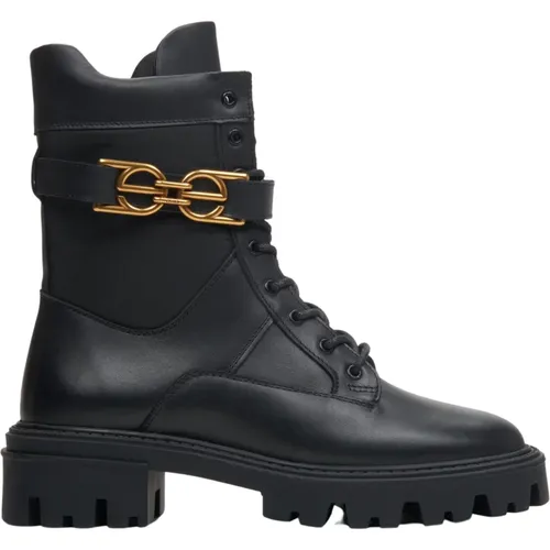 Damen Schwarze Echte Leder Stiefeletten mit Goldenem Ornament Er00113464 , Damen, Größe: 36 EU - Estro - Modalova