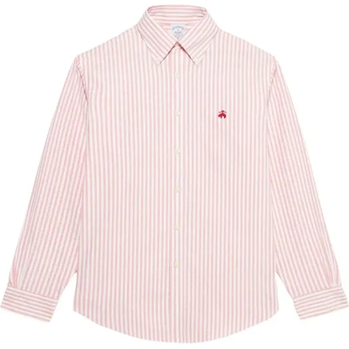 Rotes und weißes Regular Fit Non-Iron Stretch Baumwoll-Casual-Hemd mit Button-Down-Kragen , Herren, Größe: L - Brooks Brothers - Modalova