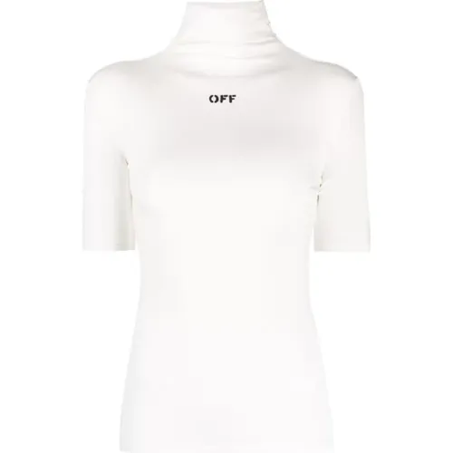 Weißes T-Shirt mit Schwarzem Logo-Print und Hochgeschlossenem Kragen Off - Off White - Modalova