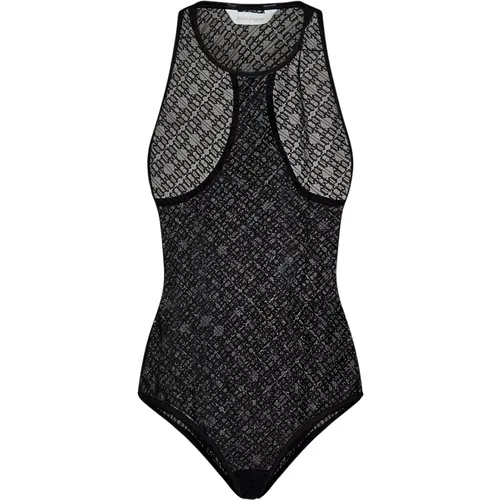 Schwarzer Spitzen-Bodysuit mit Jacquard-Logo - Palm Angels - Modalova