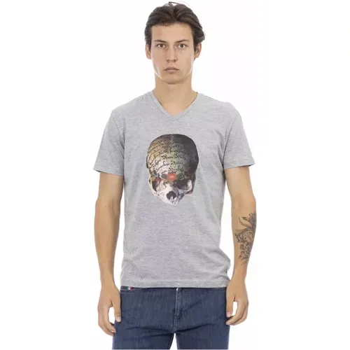 Graues T-Shirt mit V-Ausschnitt und Frontdruck , Herren, Größe: L - Trussardi - Modalova