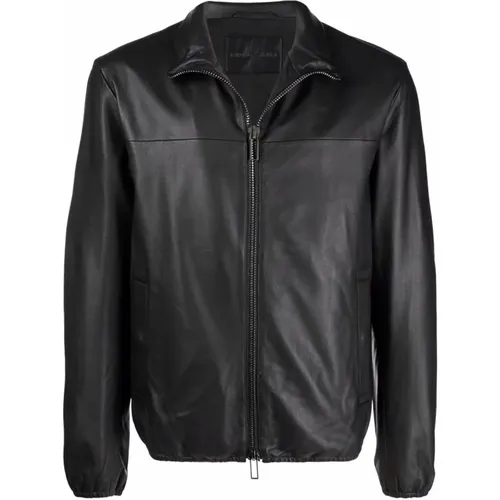 Schwarze Leder-Zip-Jacke , Herren, Größe: M - Emporio Armani - Modalova