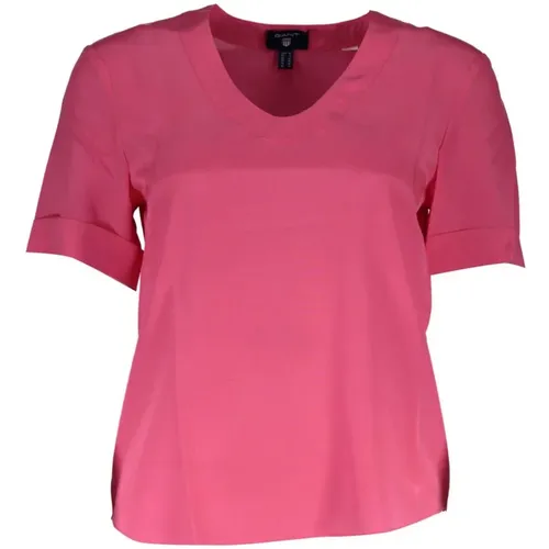 Silk V-Neck Tee with Logo Accents , female, Sizes: S - Gant - Modalova