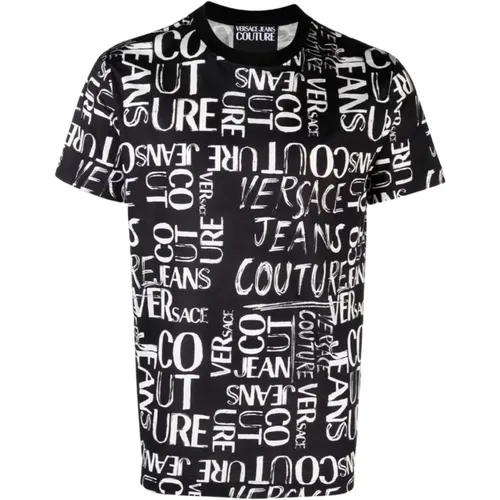 Baumwoll Doodle Logo T-Shirt - Schwarz , Herren, Größe: XL - Versace Jeans Couture - Modalova