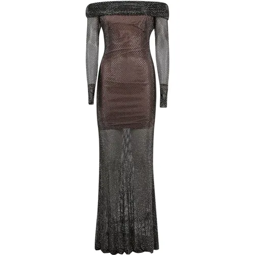 Elegant Rhinestone Fishnet Maxi Dress , female, Sizes: 2XS, S, XS - Self Portrait - Modalova