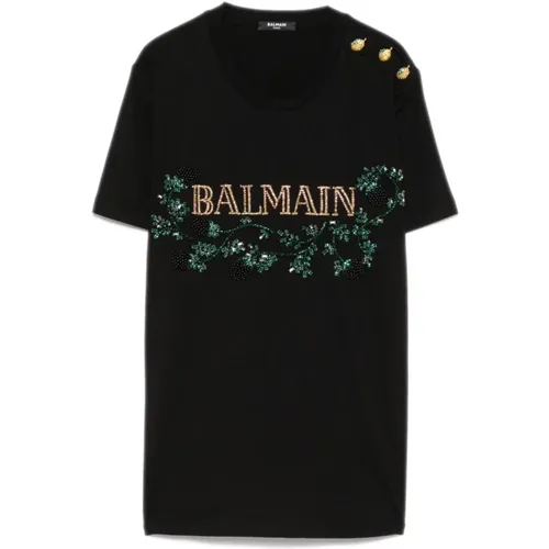 Short Sleeve Rhinestone Embellished Tee , female, Sizes: M, S - Balmain - Modalova