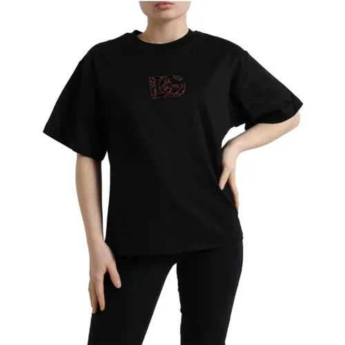 Schwarzes T-Shirt mit Kristallverzierung - Dolce & Gabbana - Modalova