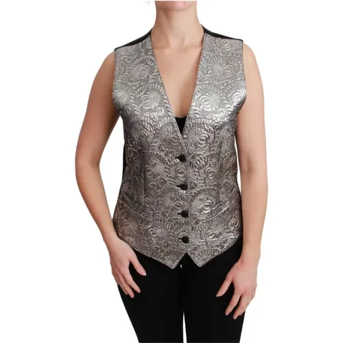Glamorous Silver Brocade Sleeveless Top , female, Sizes: 2XS, XS - Dolce & Gabbana - Modalova