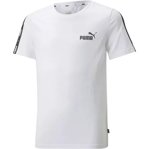 Weißes und Schwarzes Logo Tape T-Shirt , Damen, Größe: S - Puma - Modalova