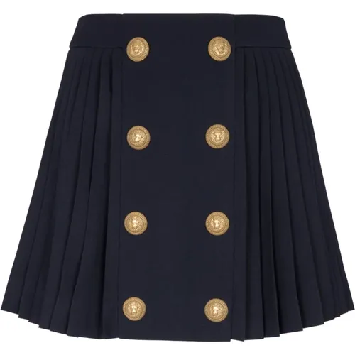 Pleated skirt with two rows of buttons,Navy Wool Plissierter Minirock - Balmain - Modalova