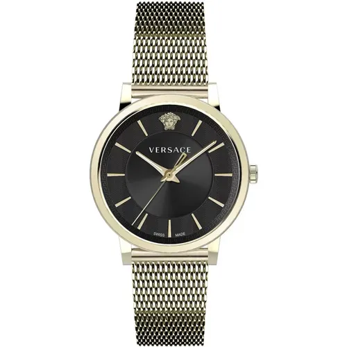 Gold Steel Quartz Watch, Black Case , male, Sizes: ONE SIZE - Versace - Modalova