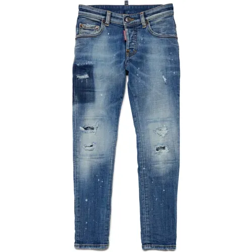 Dunkelblaue Skinny Jeans mit Rissen - Skater,Kinder Blau Splash Grafikdruck Jeans - Dsquared2 - Modalova
