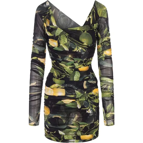 Lemon and Snake Print Dress , female, Sizes: XS, M, S - Roberto Cavalli - Modalova