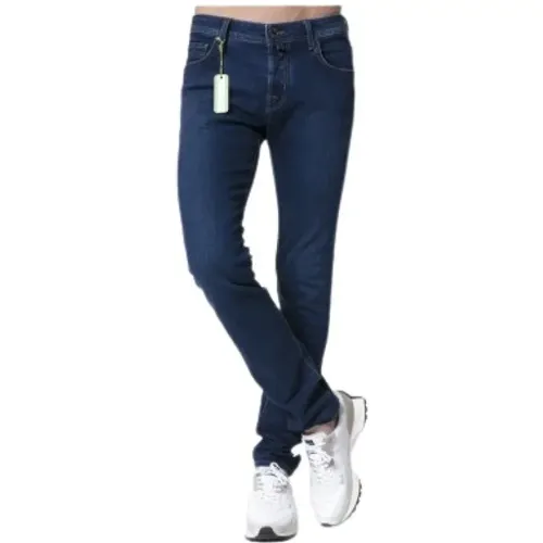 Slim Fit Navy Jeans mit brauner Logo-Platte , Herren, Größe: W34 - Jacob Cohën - Modalova
