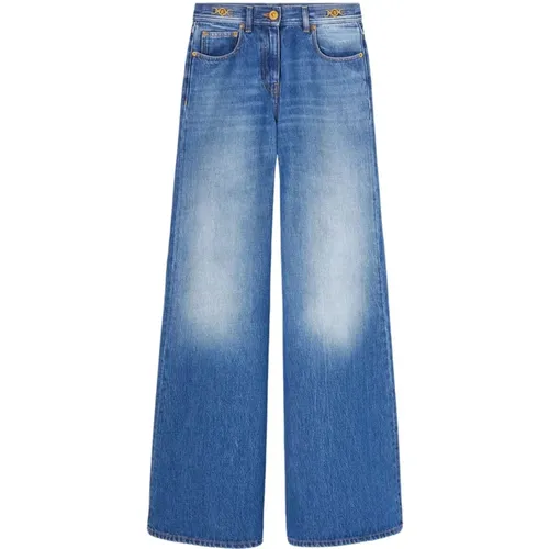 Indigo Blaue Jeans mit Gold-Ton Logo - Versace - Modalova