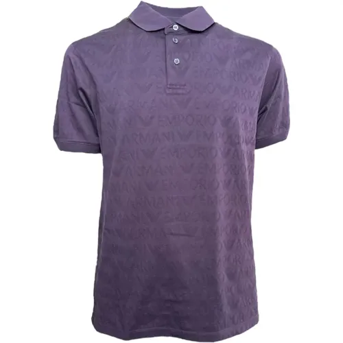 Lila Poloshirt mit kurzen Ärmeln und All-Over-Logo-Schriftzug , Herren, Größe: XL - Emporio Armani - Modalova