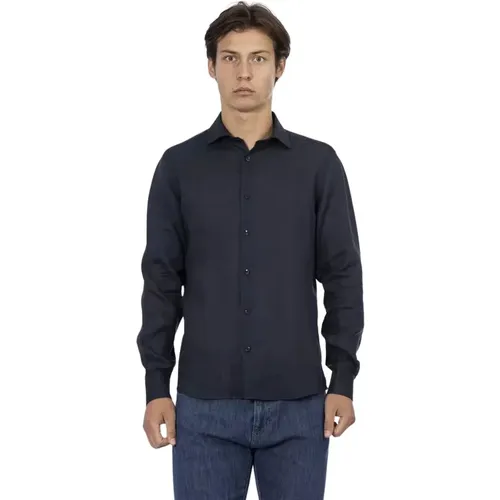 Trendiges Blaues Leinenhemd, Slim Fit, Knopfverschluss , Herren, Größe: S - Baldinini - Modalova