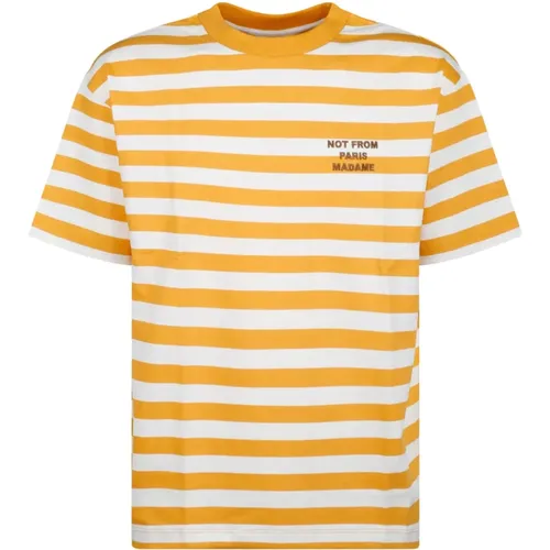 Gestreiftes Slogan-T-Shirt in Ocker und Gelb , Herren, Größe: M - Drole de Monsieur - Modalova