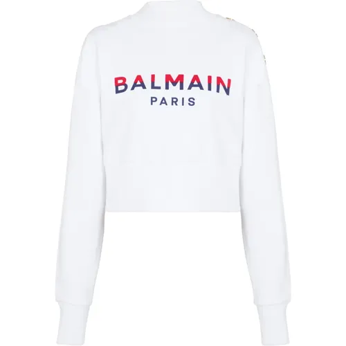 Kurzes Sweatshirt mit beflocktem Paris Print , Damen, Größe: M - Balmain - Modalova