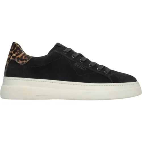 Damen Schwarze Animal Print Low-Top Sneakers aus Italienischem Echtem Velours Er00115645 , Damen, Größe: 36 EU - Estro - Modalova