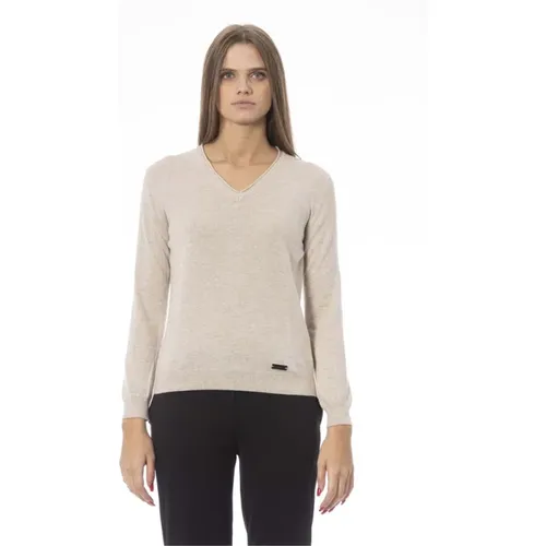 Eleganter Beiger V-Ausschnitt Pullover , Damen, Größe: XL - Baldinini - Modalova